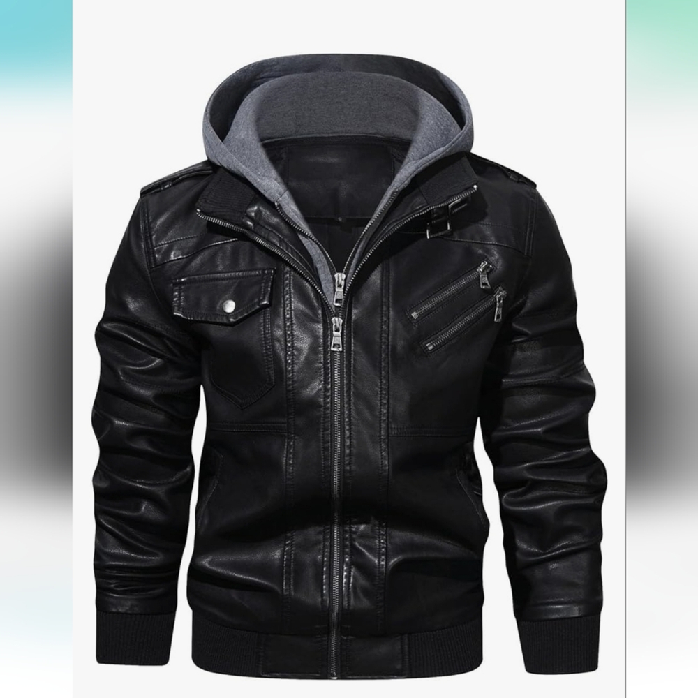 Hood Crew Men’s Casual Faux Leather Zip-Up Motorcycle Bomber Jacket, Size 3XL